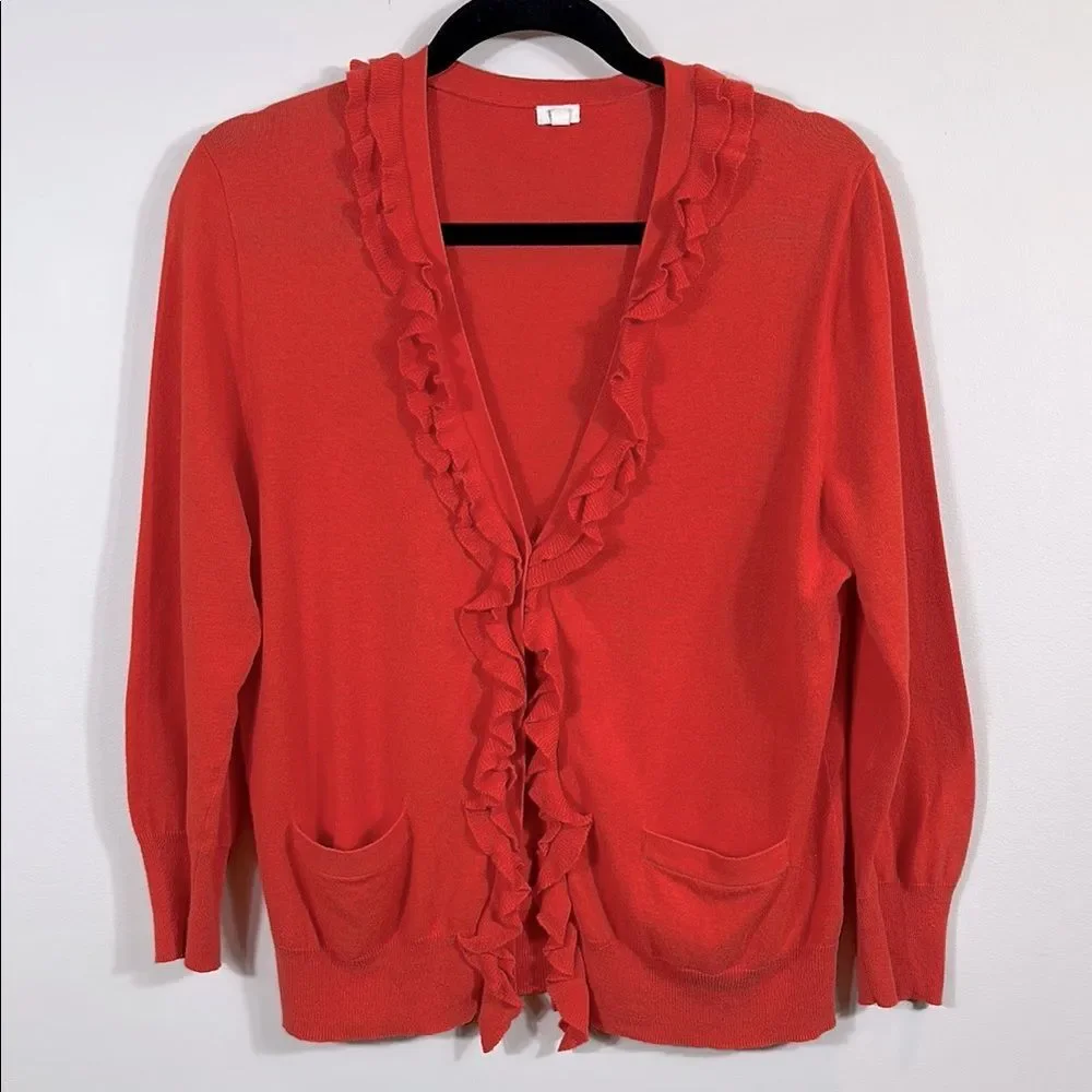 J. Crew Coral Orange Ruffle Button Front Coquette Cardigan Sweater Women Medium